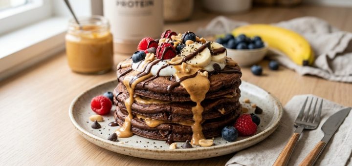 Chocolate Peanut Butter Protein Pancakes That Actually Taste Amazing